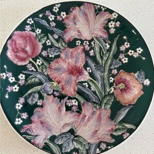 Hand Painted Artisan Decor Plate Green Pink Floral Bouquet 10.25" Vtg Macau